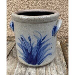 Vintage Rowe Pottery Works, Salt Glazed 4" Crock Blue Botanical 2005 (Kitsf6)